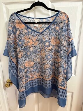 Talbots women's geometric short sleeve pullover tunic poncho top in blue.